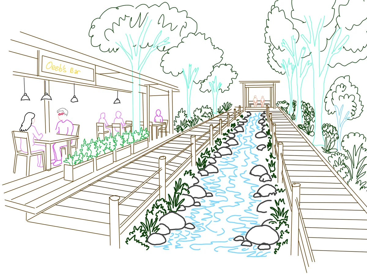 Concept render of the sensory boardwalk running beside the forest stream beneath the canopy