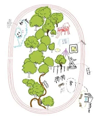 Early concept sketch of the trail network, playground and running track weaving through the tree canopy