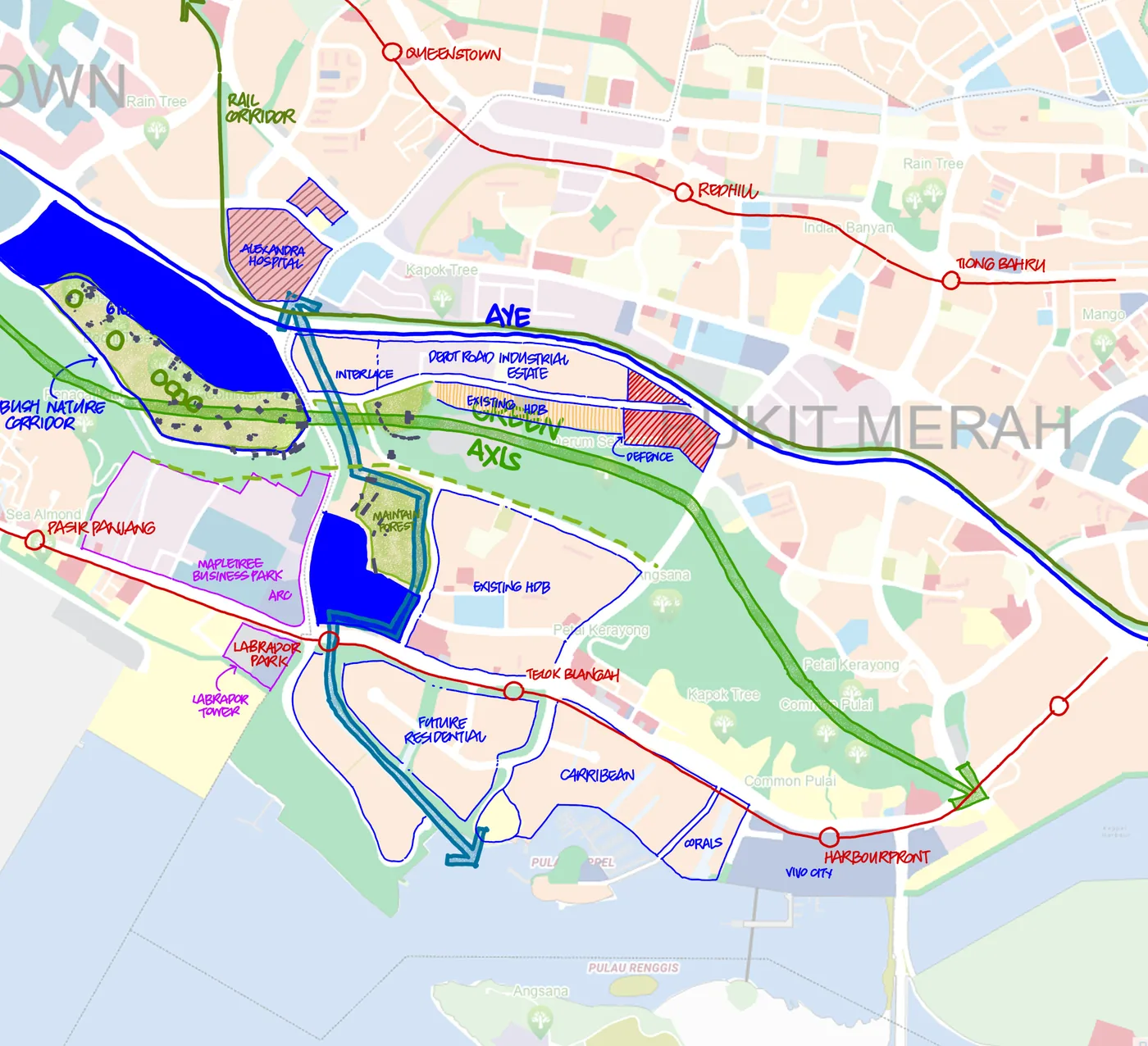 Map of the residents' alternative, with development moved to Alexandra Park and the forest left intact