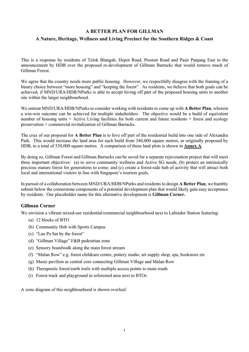 First page of the written submission of A Better Plan for Gillman