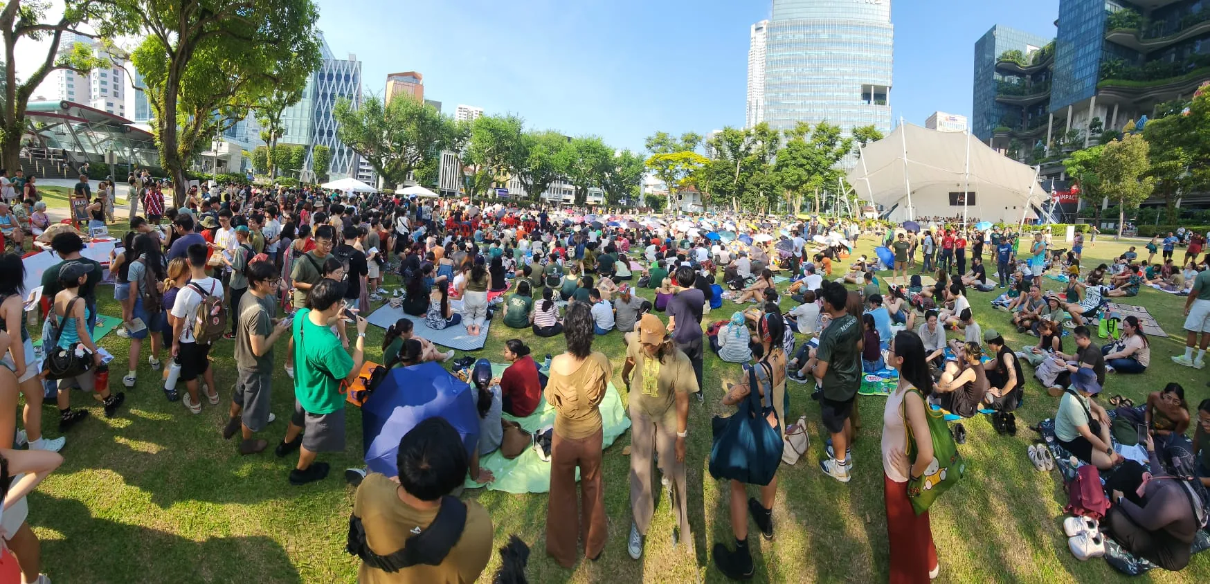 A large crowd filling the lawn at Hong Lim Park on 16 August 2026