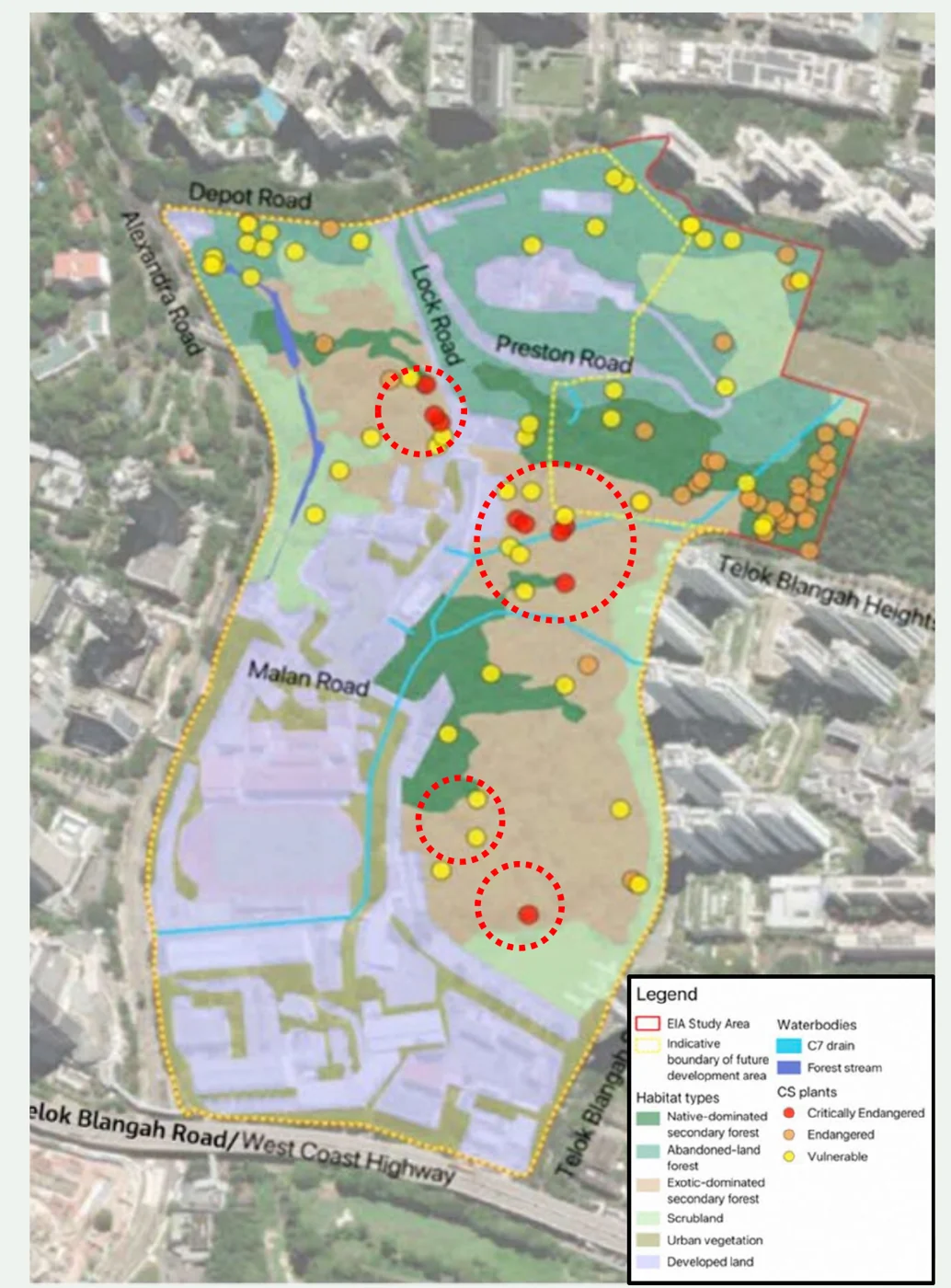 EIA map of the distribution of flora species of conservation significance, with clusters circled in red