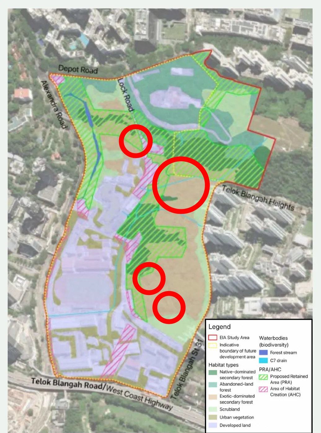 The same EIA map with four red circles marking areas of conservation-significant flora that fall outside the proposed retained area