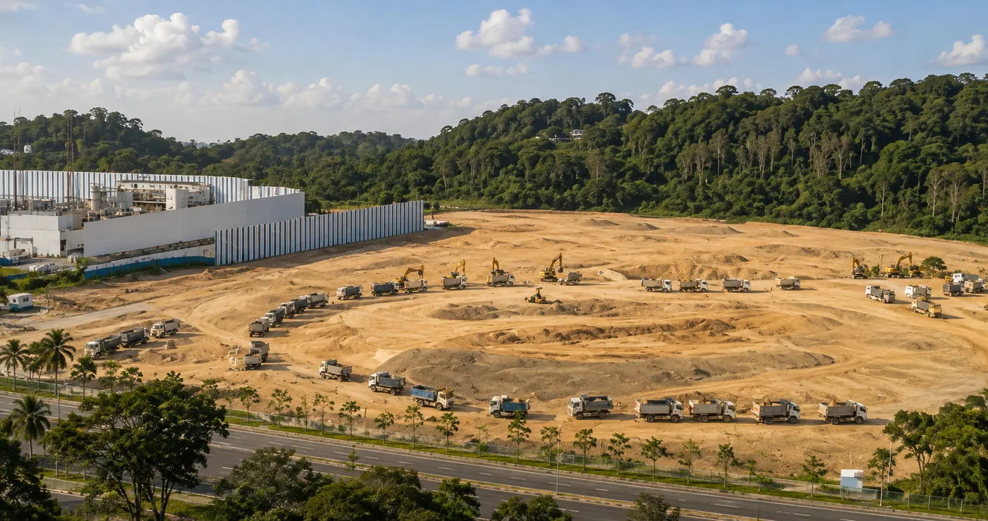 Cleared ground beside standing forest, with excavators and lorries at work