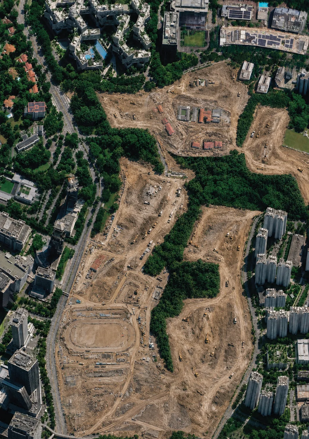 Visualisation of the same aerial view with the land inside the development boundary cleared to bare earth, leaving a green strip through the middle
