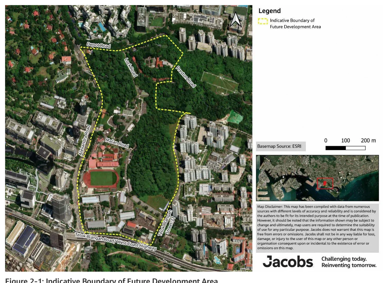 Aerial map with a yellow dashed line marking the indicative boundary of the future development area at Gillman Barracks