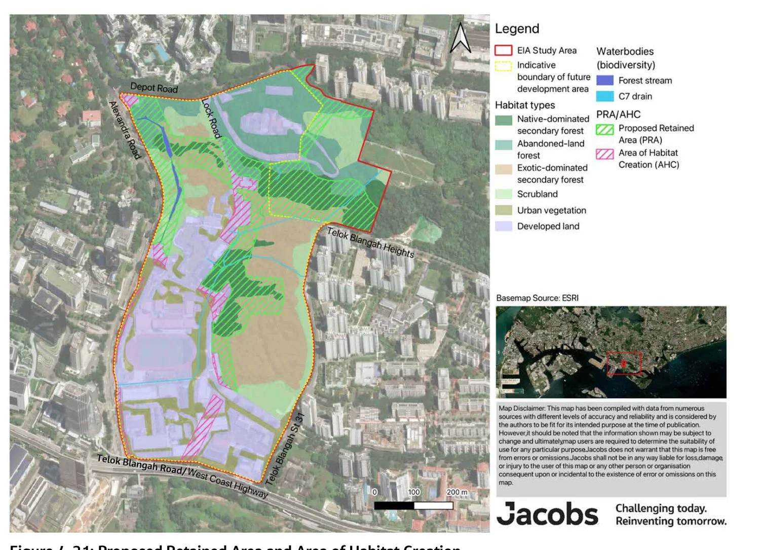 Aerial map showing habitat types across the site, with hatched areas marking the proposed retained area and areas of habitat creation