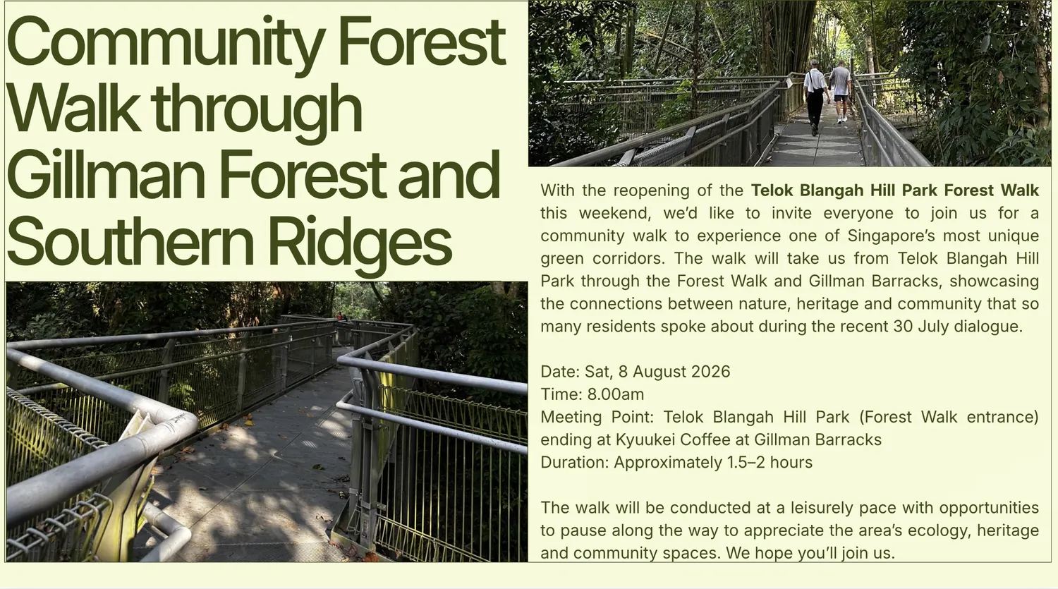 The community forest walk flyer, giving the date, time, meeting point and duration